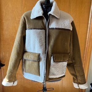 Women's Shearling Bomber Jacket in Tan and Cream Urban Outfitters
